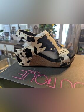 Cow-Print Cork Wedge Sandal - Black & Cream by Corky